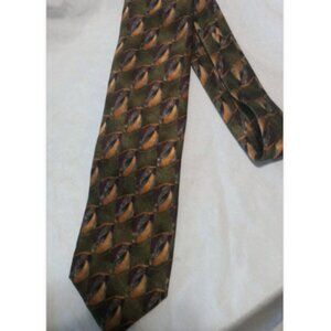Tom James Men’s Silk Necktie 56x4 Vtg Geometric Leaf Pattern Brown Green Gold